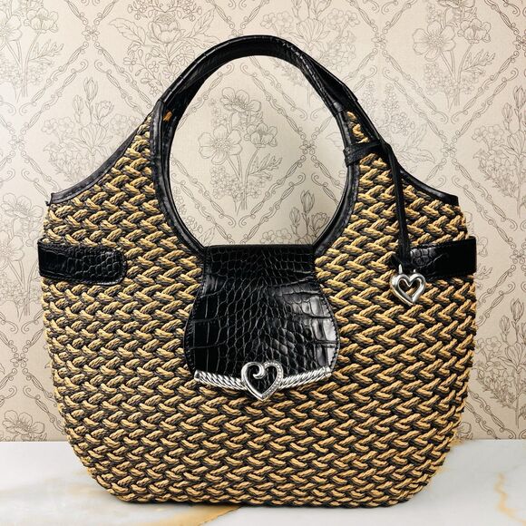 Vintage Brighton Tan & Black  Handbag Croc Woven Leather Leopard Cheetah - Picture 1 of 11
